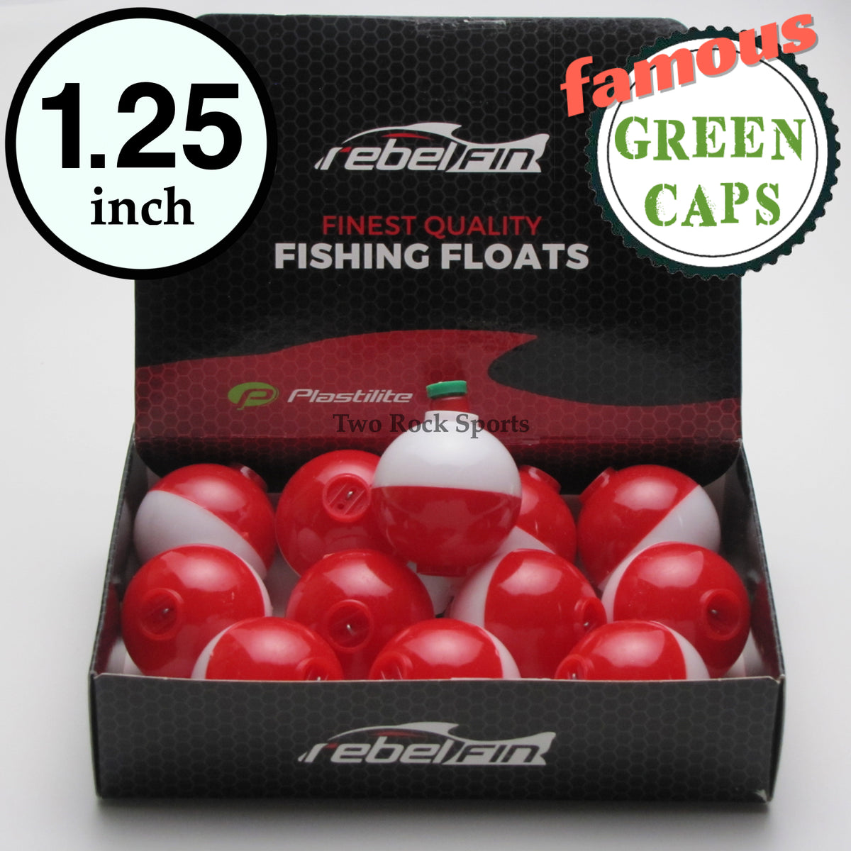rebelFIN - 1-1/4 inch Round - GREEN CAPS - Fishing Bobber Float - RED WHITE